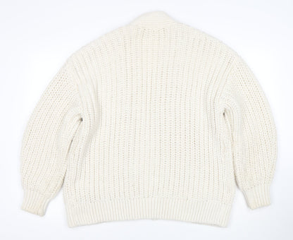 H&M Women Ivory Chunky Knit Cardigan M Relaxed Fit Wool Blend