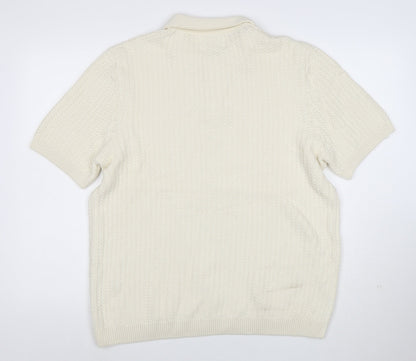 Marks and Spencer Mens Ivory Cotton Knit Collared Henley Jumper L