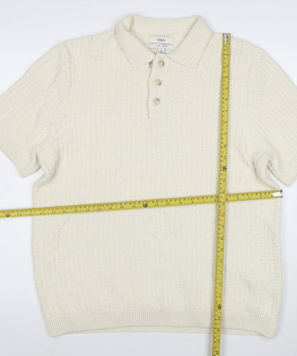Marks and Spencer Mens Ivory Cotton Knit Collared Henley Jumper L