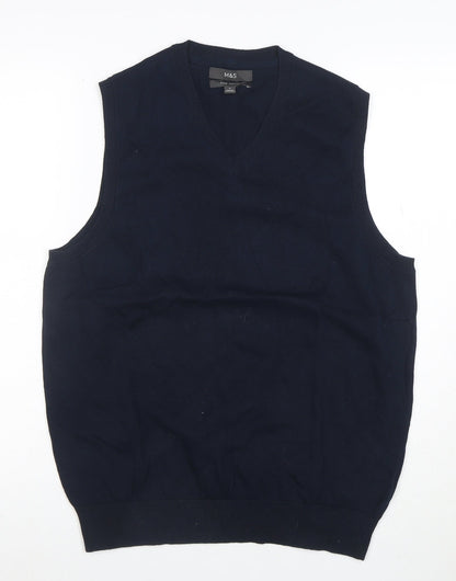 Marks and Spencer Men's Blue Cotton V-Neck Sleeveless Vest M