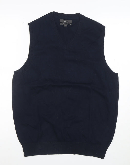Marks and Spencer Men's Blue Cotton V-Neck Sleeveless Vest M