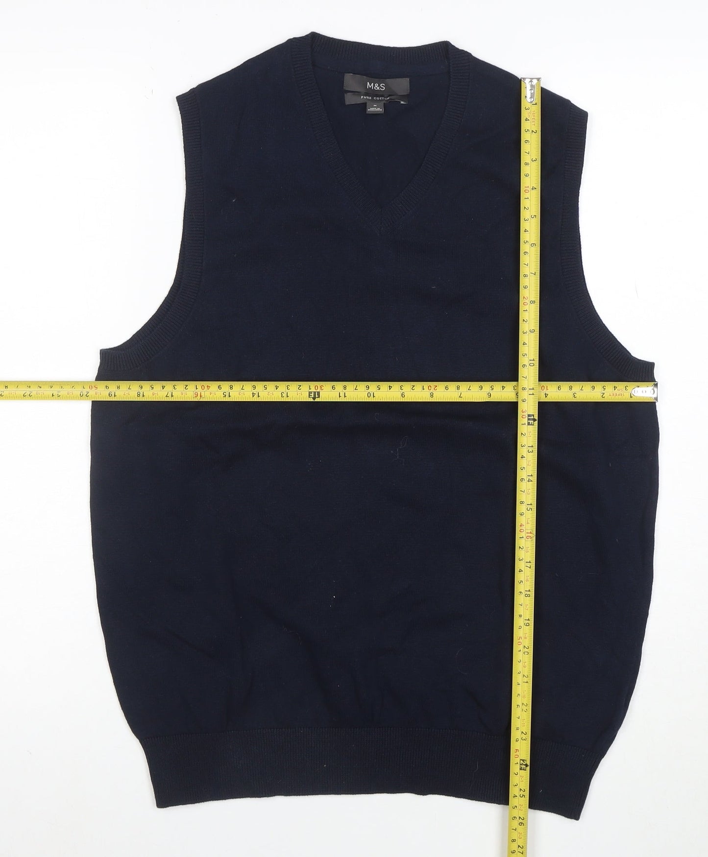 Marks and Spencer Men's Blue Cotton V-Neck Sleeveless Vest M