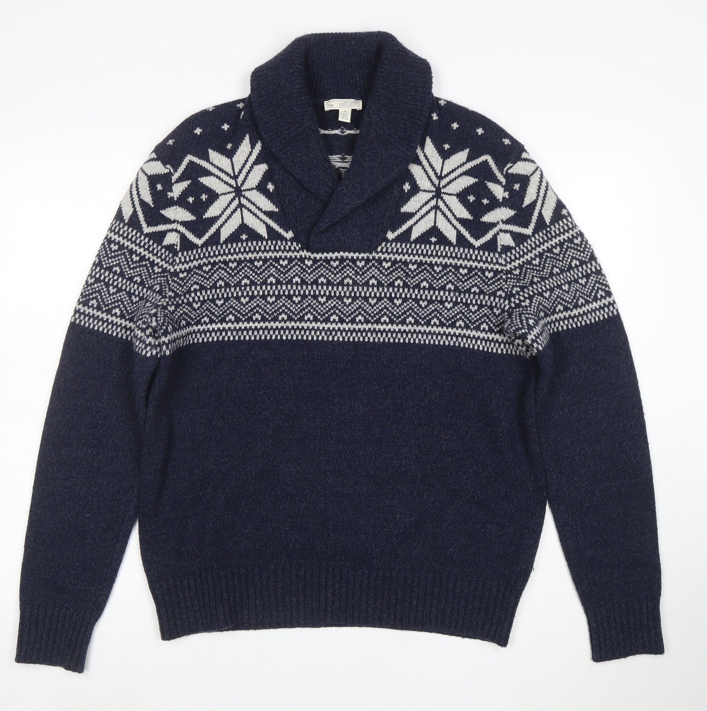 Gap Men Blue Fair Isle Shawl Collar Wool Jumper Size M