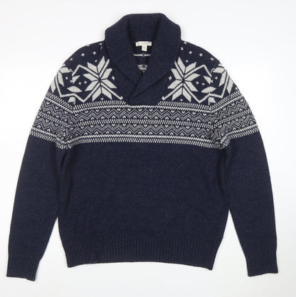Gap Men Blue Fair Isle Shawl Collar Wool Jumper Size M