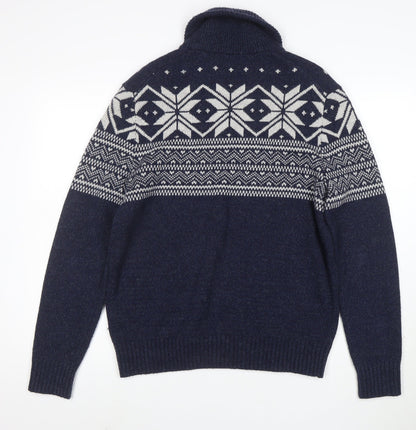 Gap Men Blue Fair Isle Shawl Collar Wool Jumper Size M
