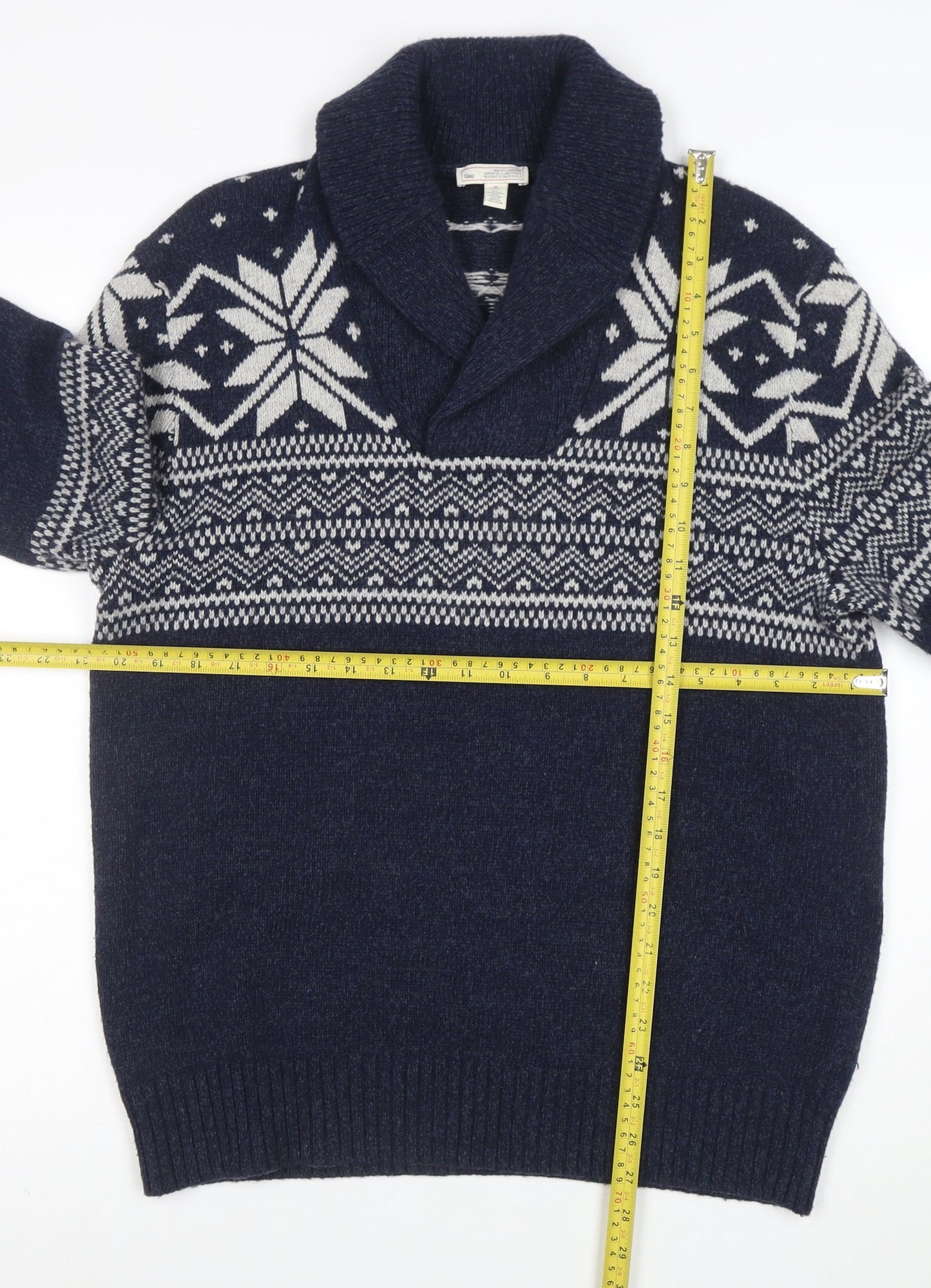 Gap Men Blue Fair Isle Shawl Collar Wool Jumper Size M