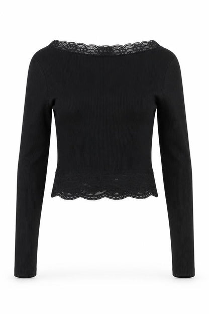 Reclaimed Vintage Women's Black Lace Trim Cropped Long Sleeve Blouse Size M