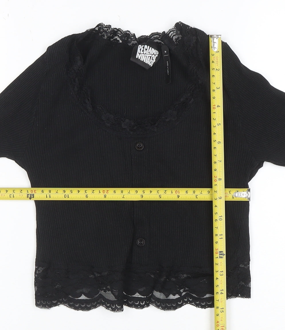 Reclaimed Vintage Women's Black Lace Trim Cropped Long Sleeve Blouse Size M