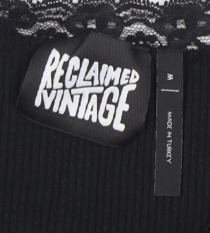 Reclaimed Vintage Women's Black Lace Trim Cropped Long Sleeve Blouse Size M