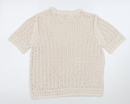 Marks and Spencer Women Beige Open Knit Short Sleeve Jumper M