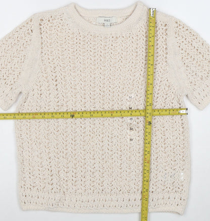 Marks and Spencer Women Beige Open Knit Short Sleeve Jumper M
