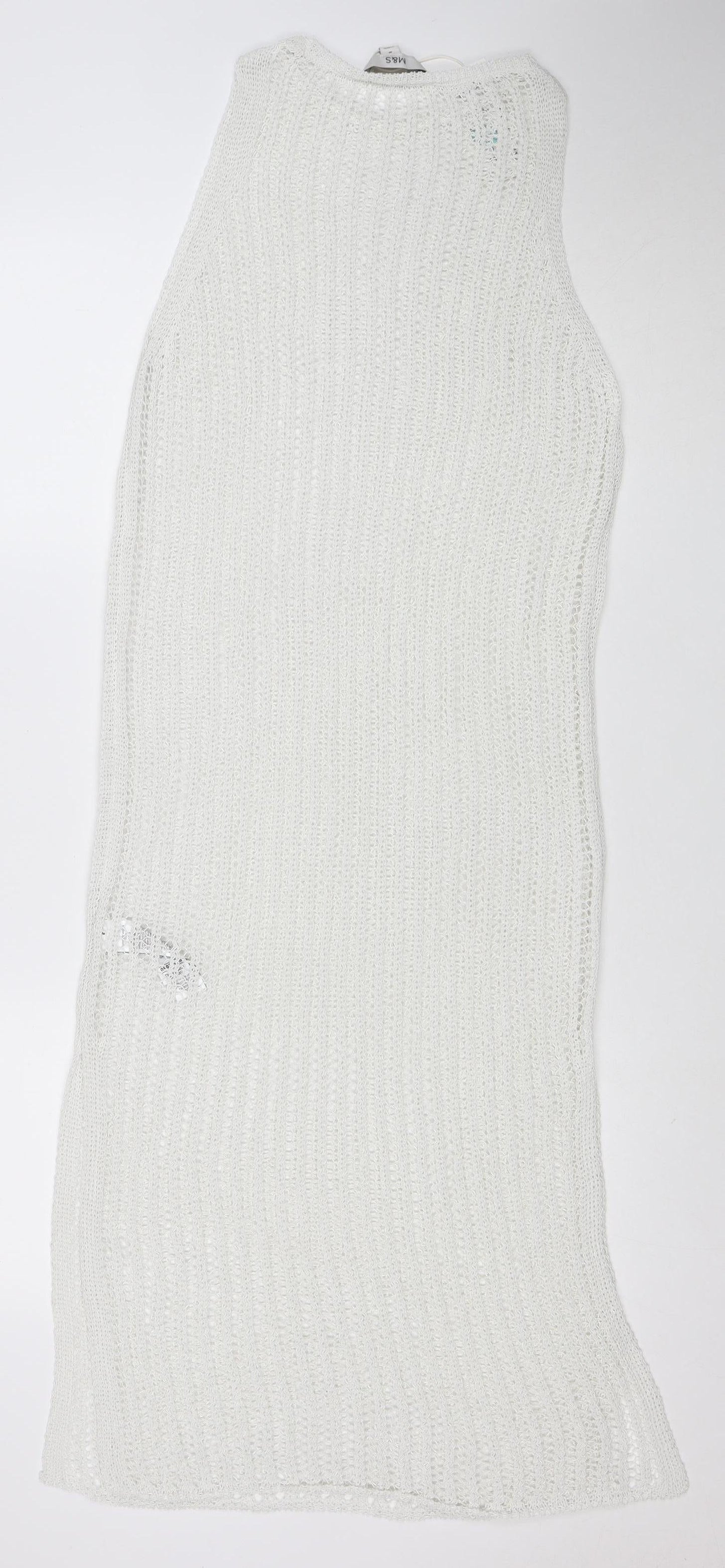 Marks and Spencer Women White Knit Crochet Kaftan Dress Size M Summer Beachwear