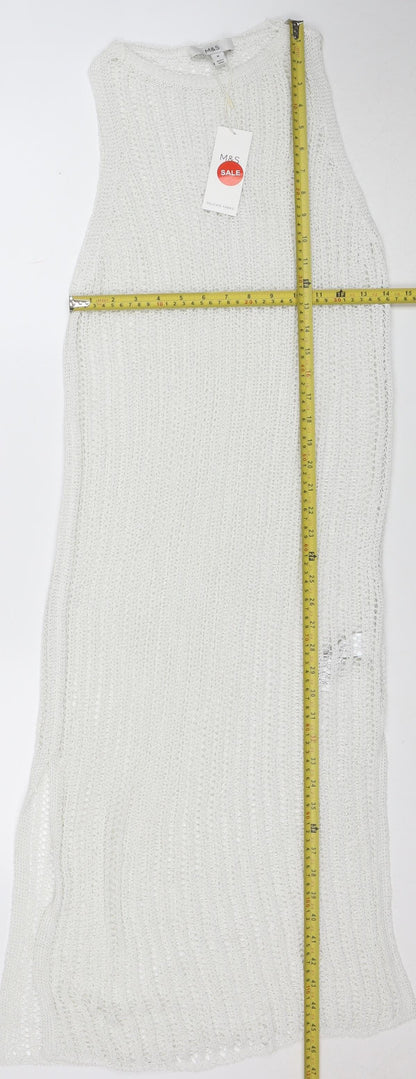 Marks and Spencer Women White Knit Crochet Kaftan Dress Size M Summer Beachwear