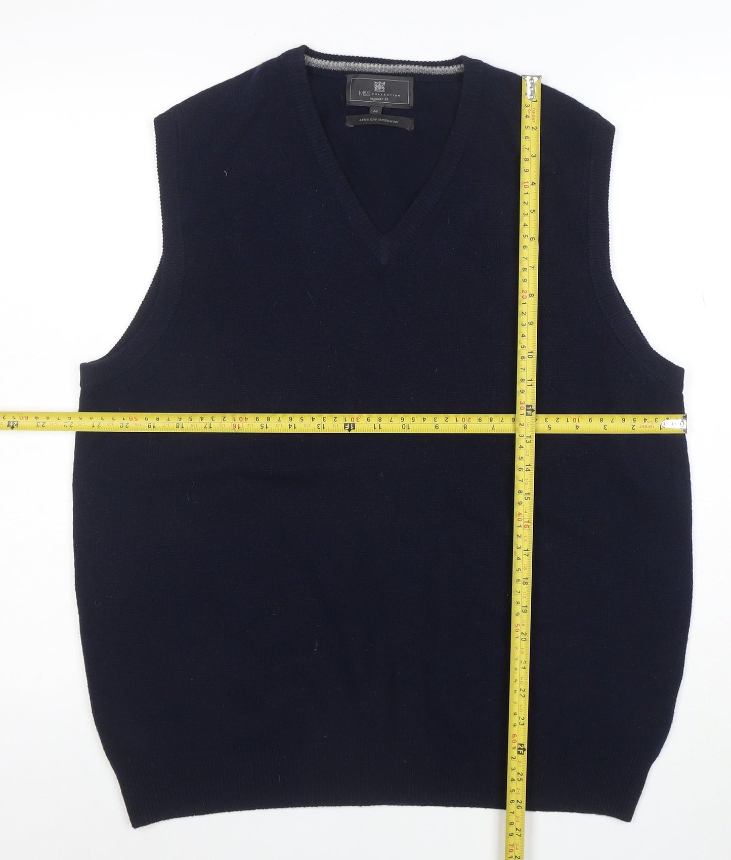 Marks and Spencer Men's Blue Wool V-Neck Sleeveless Jumper Vest M