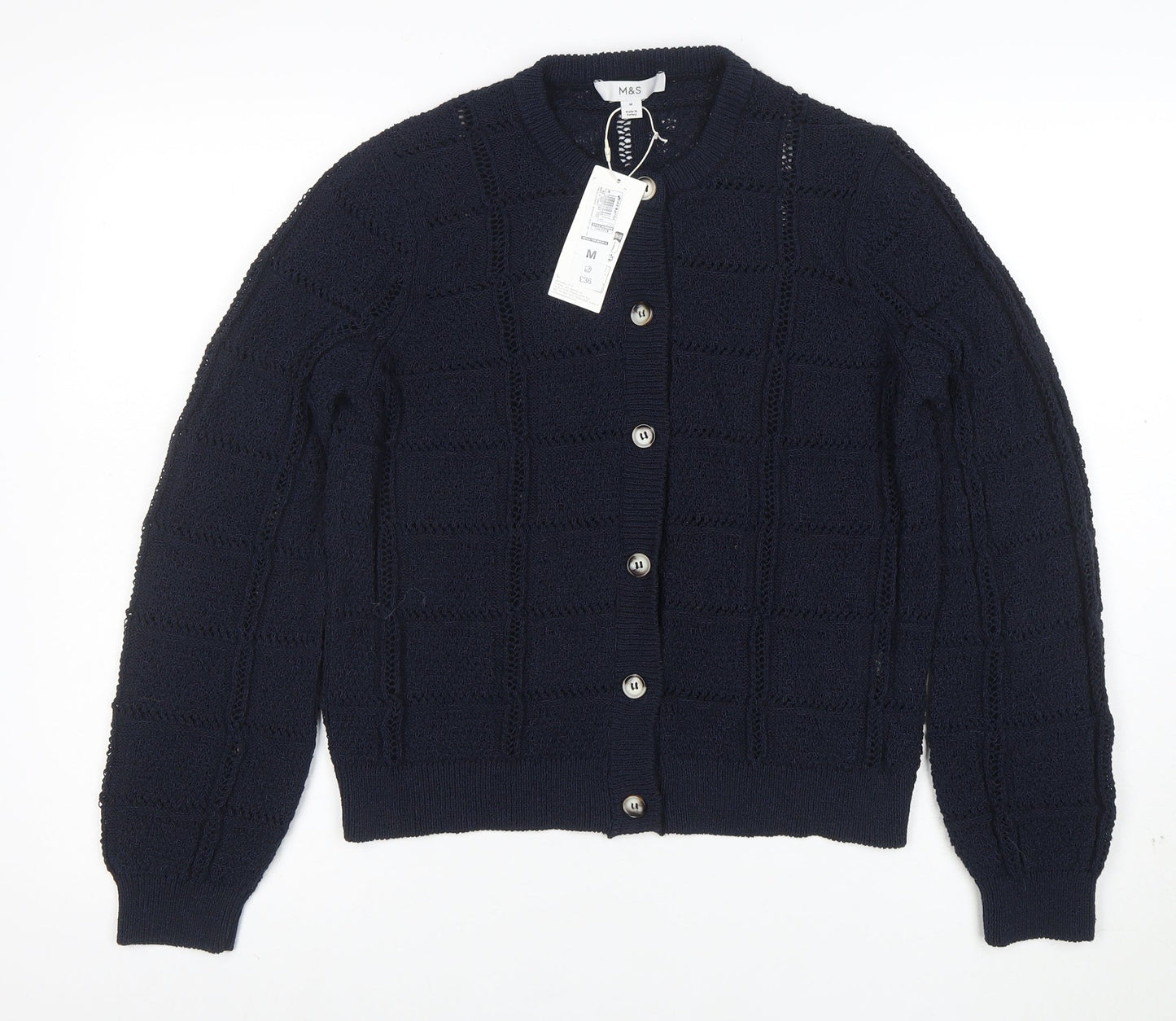 Marks and Spencer Women Blue Knit Cardigan M Regular Fit