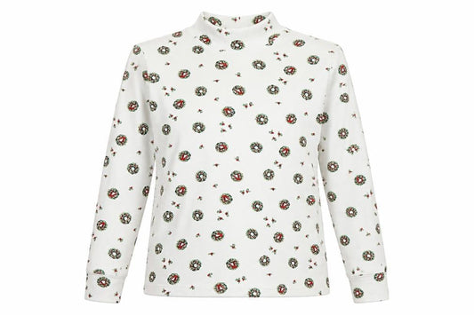 Lands' End Womens White Christmas Wreath Cotton Roll Neck Long Sleeve Top Size L