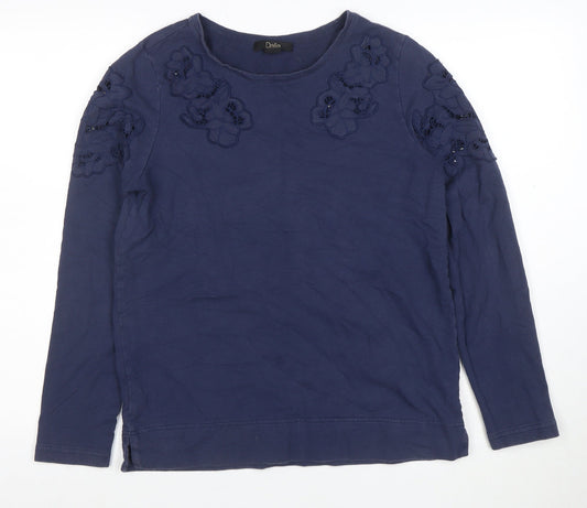 Dalia Women's Blue Cotton Long Sleeve Embroidered T-Shirt S