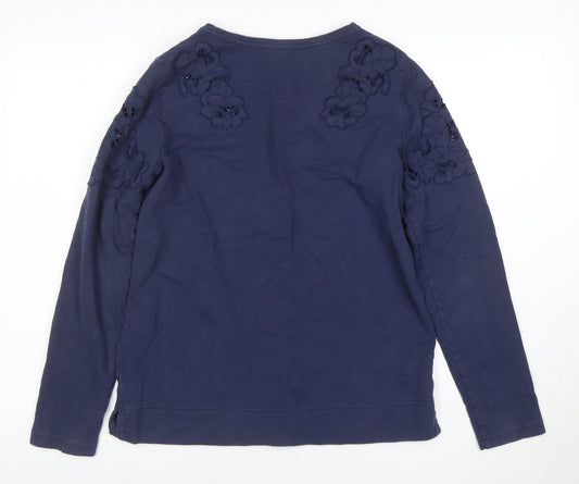 Dalia Women's Blue Cotton Long Sleeve Embroidered T-Shirt S