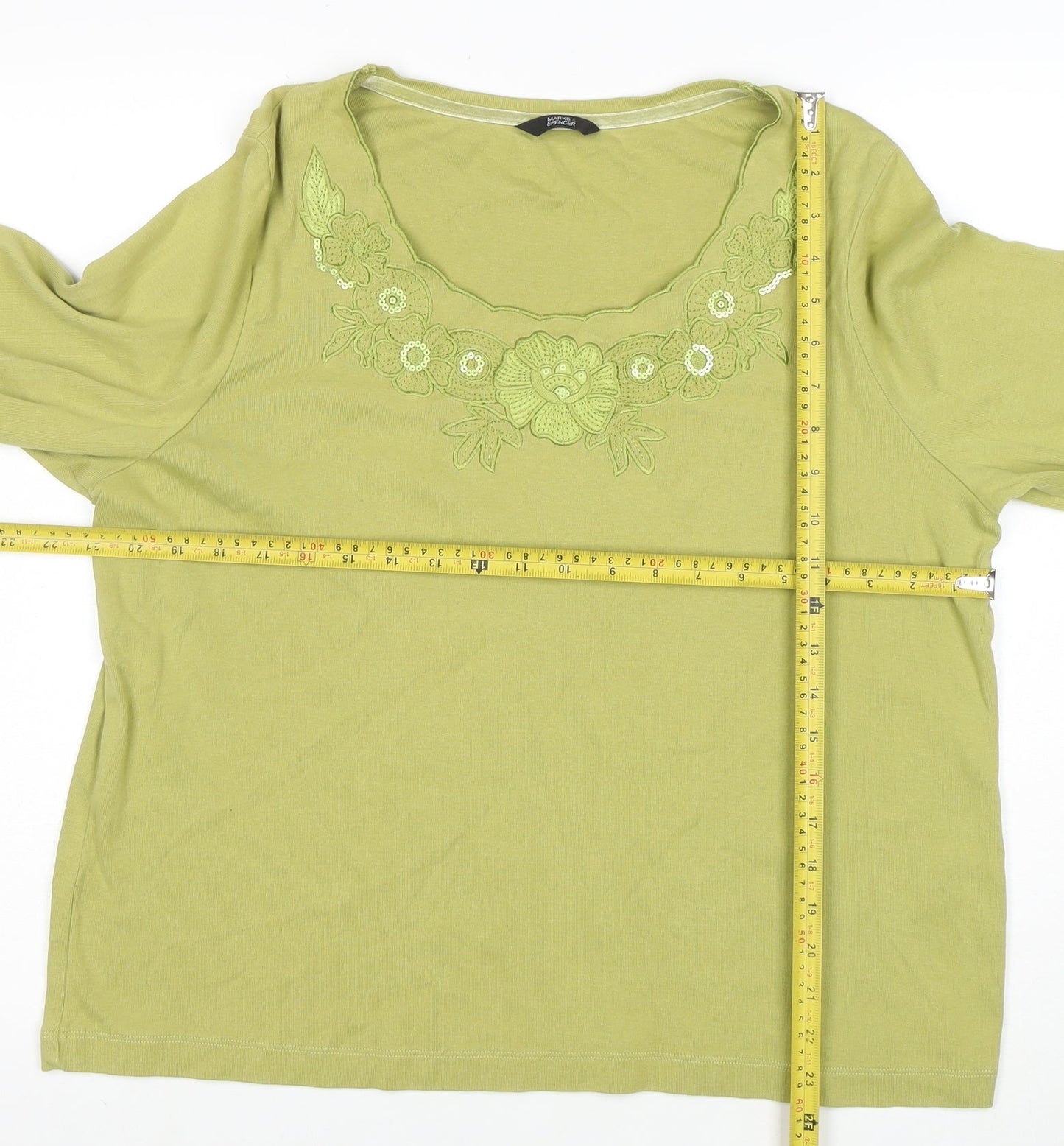 Marks and Spencer Women’s Green Embroidered Cotton 3/4 Sleeve T-Shirt Size 18