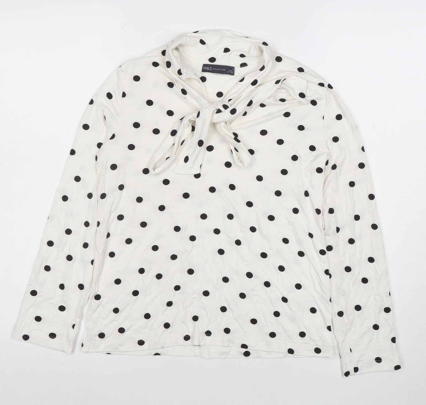 Marks and Spencer Women’s White Polka Dot Bow Neck Long Sleeve Blouse Size 10