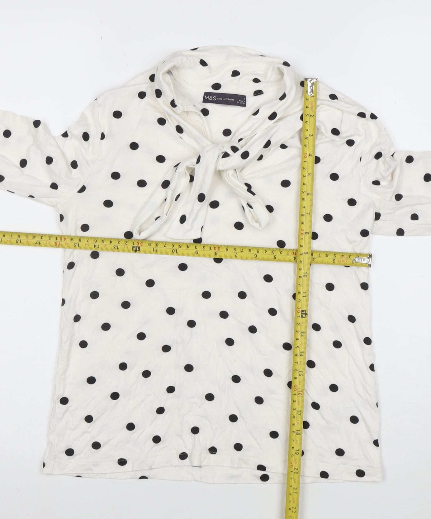 Marks and Spencer Women’s White Polka Dot Bow Neck Long Sleeve Blouse Size 10