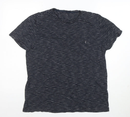 AllSaints Men's Navy Striped Crew Neck Cotton T-Shirt Size L