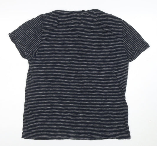 AllSaints Men's Navy Striped Crew Neck Cotton T-Shirt Size L