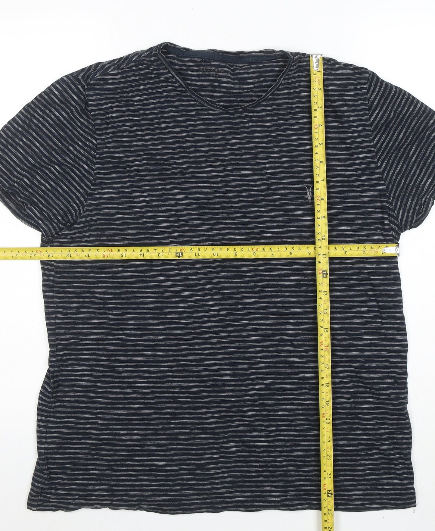 AllSaints Men's Navy Striped Crew Neck Cotton T-Shirt Size L