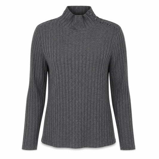 Front view of Principles by Ben de Lisi Petite Women's Grey Roll Neck Button Knit Top, size 12