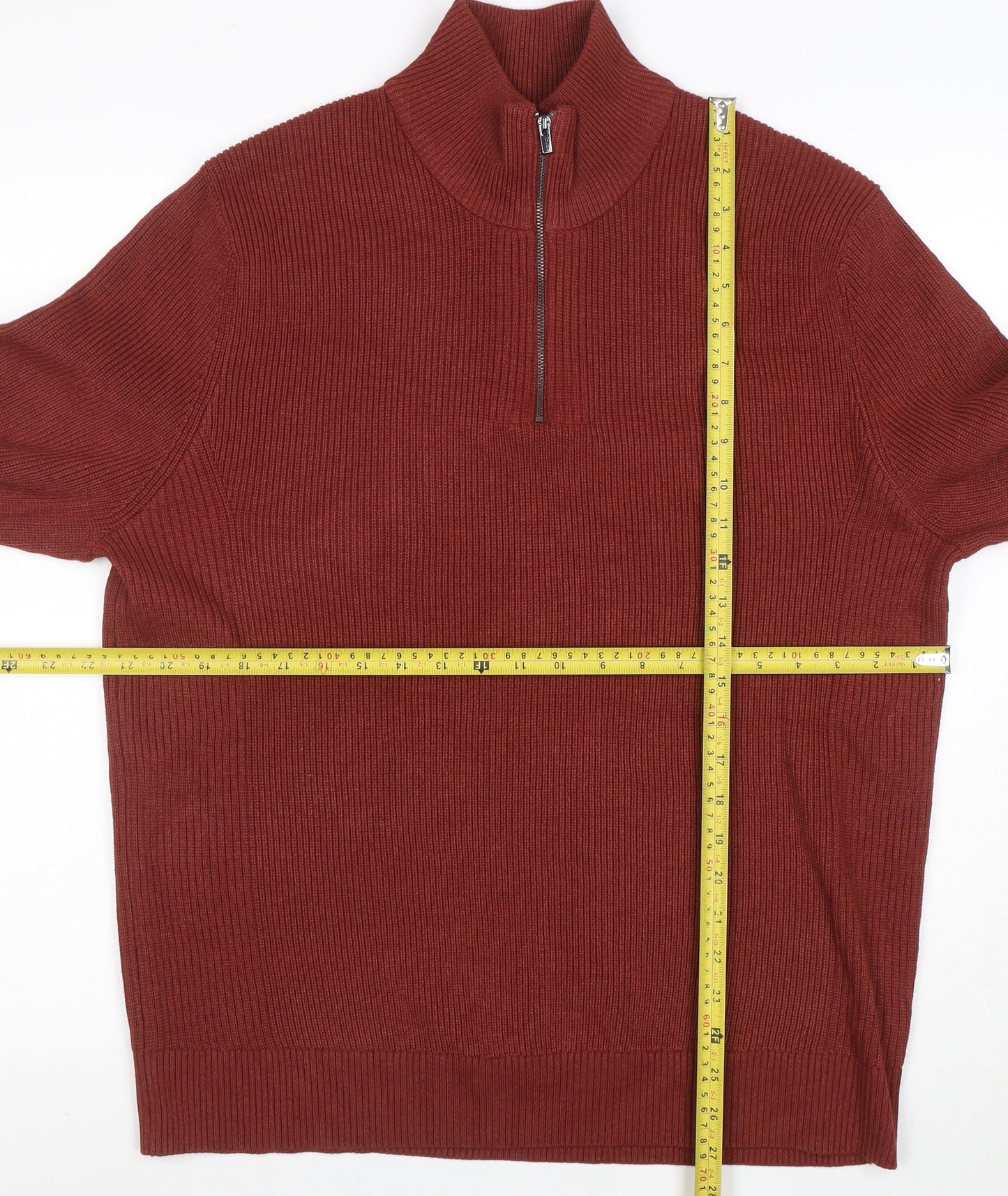 Marks and Spencer Men's Brown L 1/2 Zip Cotton Blend Jumper