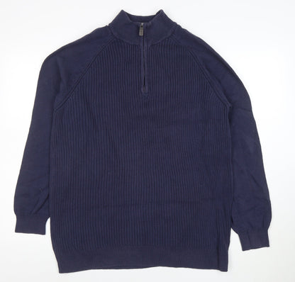 Cotton Traders Men's Blue XL Half Zip High Neck Cotton Jumper