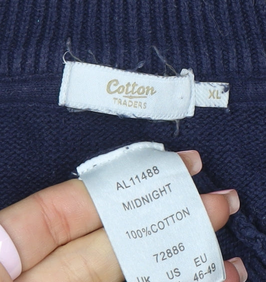 Cotton Traders Men's Blue XL Half Zip High Neck Cotton Jumper