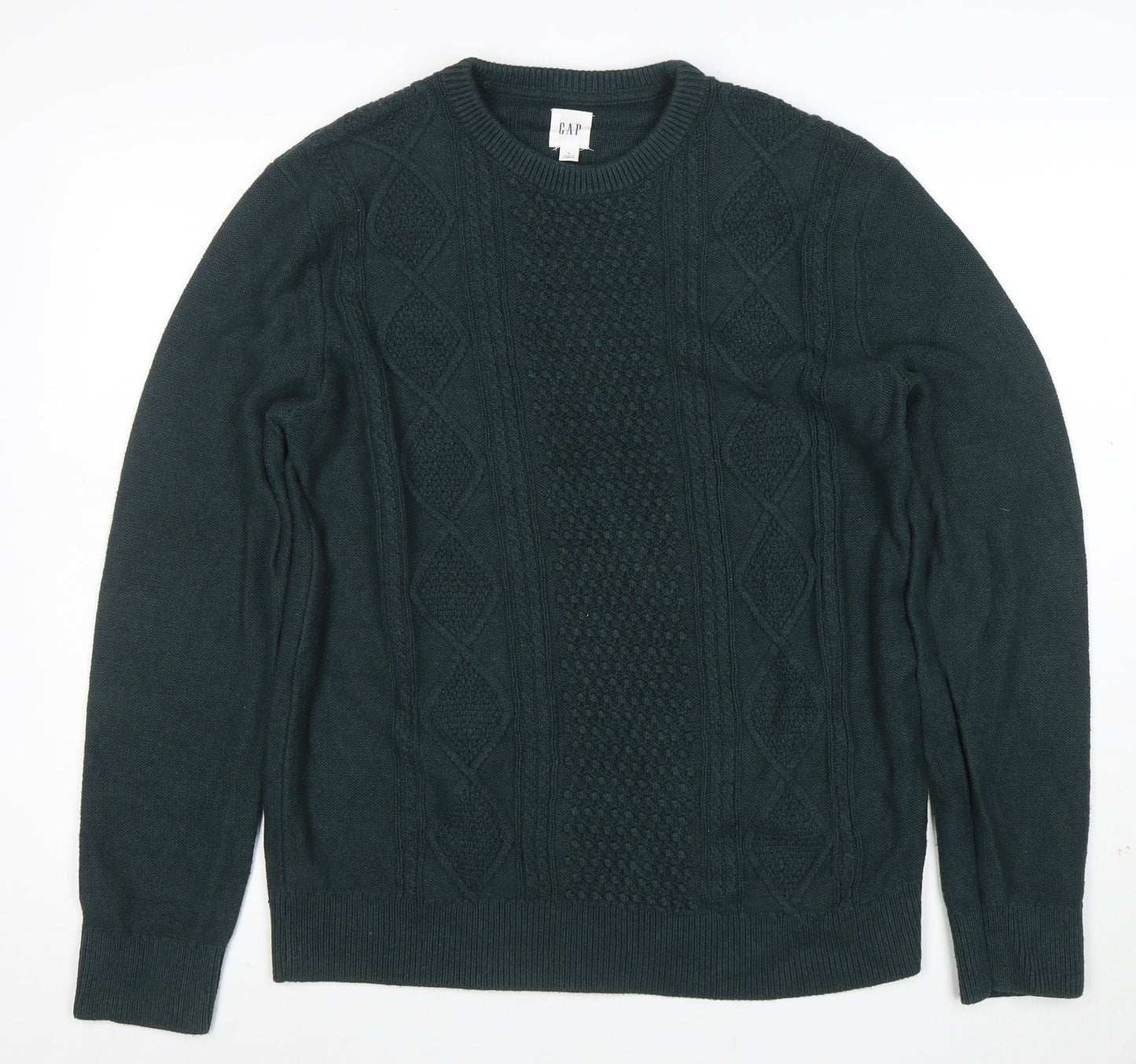GAP Men's Green Cable-Knit Crew Neck Cotton Jumper Size M