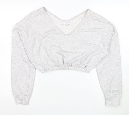 Bershka Women Grey V-Neck Cropped Pullover Sweatshirt Size S