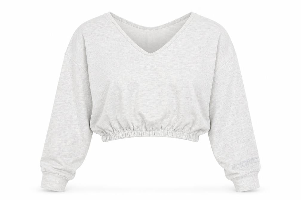 Bershka Women Grey V-Neck Cropped Pullover Sweatshirt Size S
