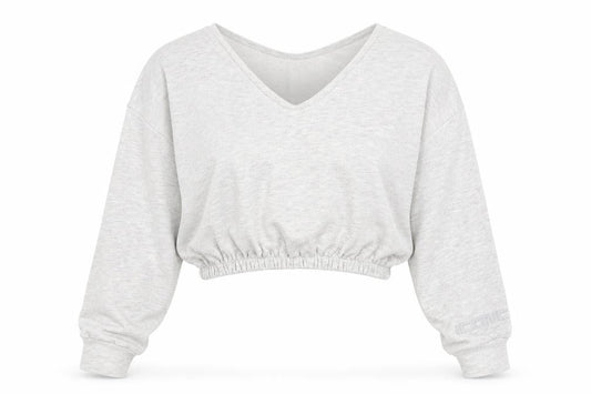 Bershka Women Grey V-Neck Cropped Pullover Sweatshirt Size S