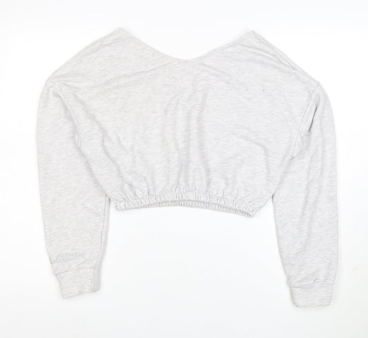 Bershka Women Grey V-Neck Cropped Pullover Sweatshirt Size S
