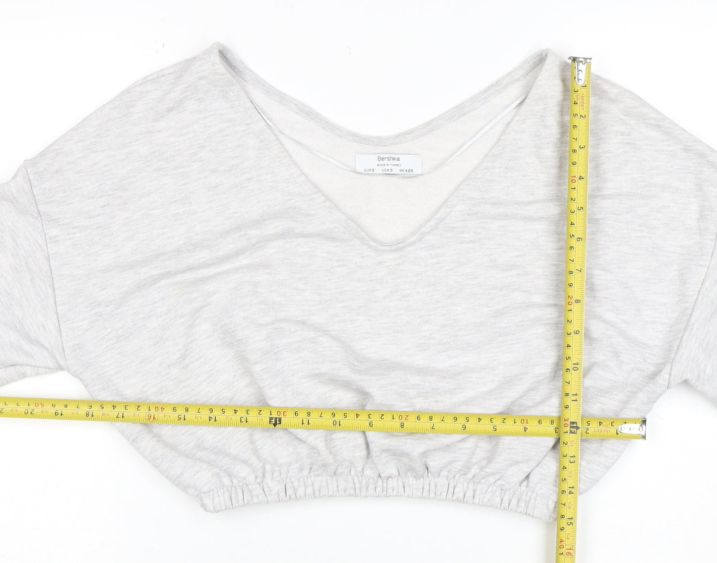 Bershka Women Grey V-Neck Cropped Pullover Sweatshirt Size S