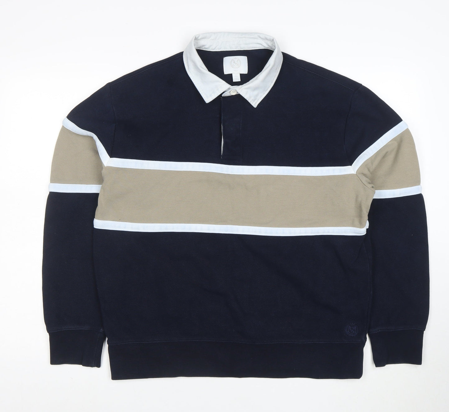 Marks and Spencer Men's Blue Colourblock Polo Shirt Size L Cotton