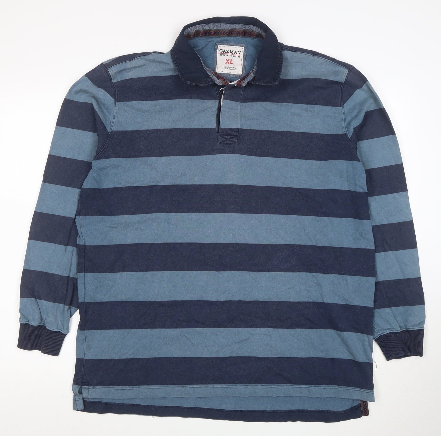 Gazman Men's Blue Striped Cotton Long Sleeve Rugby Polo XL