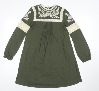 Topshop Women’s Green Embroidered Lace Long Sleeve Shift Dress Size 6