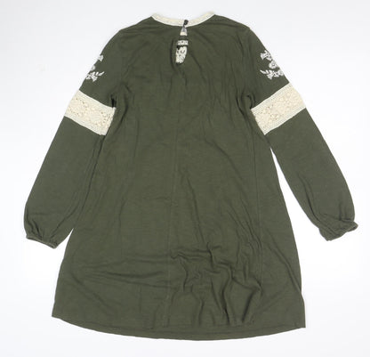 Topshop Women’s Green Embroidered Lace Long Sleeve Shift Dress Size 6