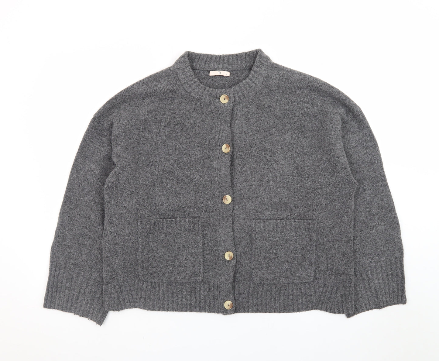 Tu Women Grey Crew Neck Button Cardigan Size 14 Wool Blend