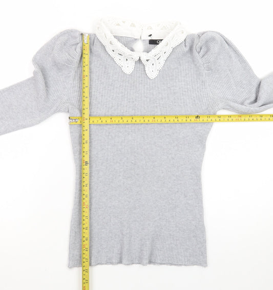 Quiz Women Grey Collared Lace Trim Slim Fit Long Sleeve Jumper