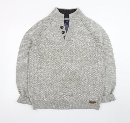 EASY Men's Grey Waffle-Knit Henley Jumper XL High Neck Casual