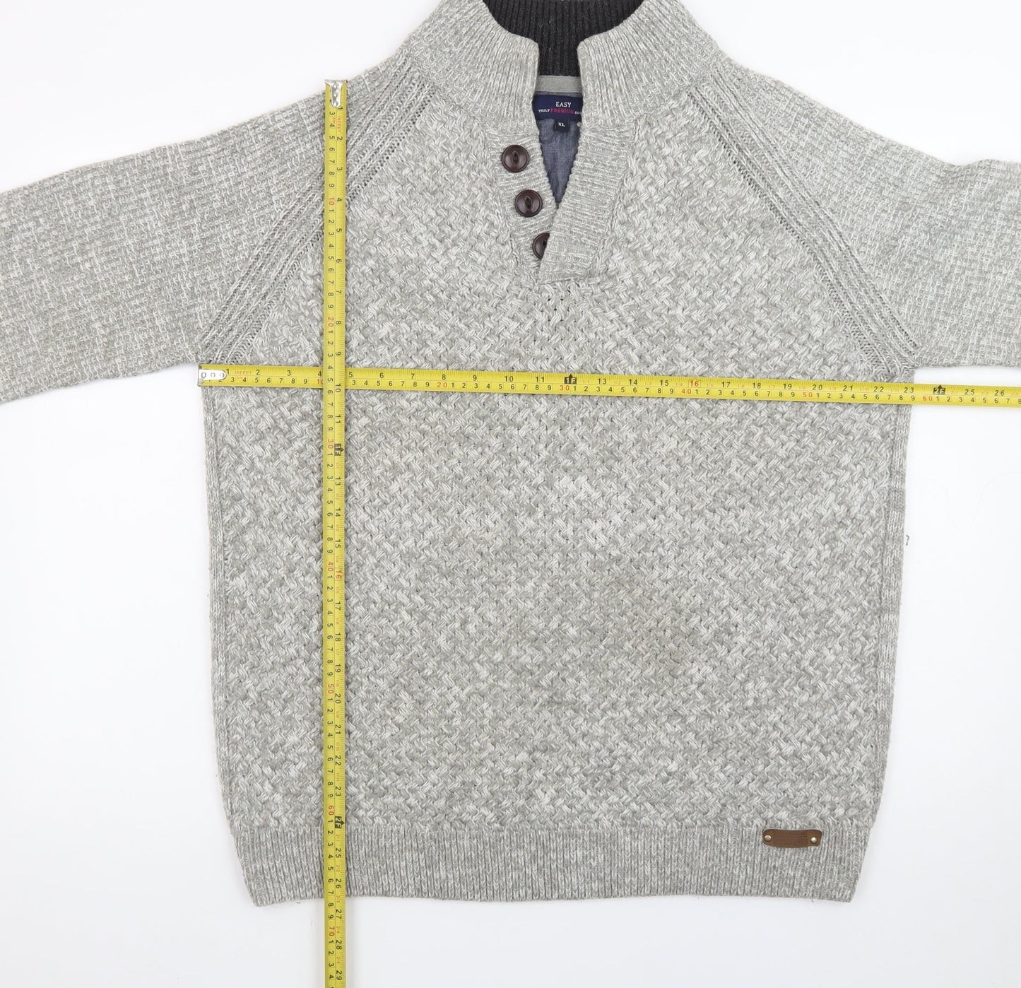 EASY Men's Grey Waffle-Knit Henley Jumper XL High Neck Casual