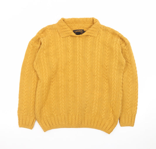 Eddie Bauer Men's Yellow Cable Knit Collared Cotton Jumper Size S