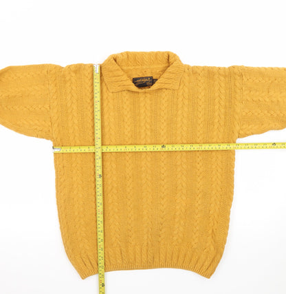 Eddie Bauer Men's Yellow Cable Knit Collared Cotton Jumper Size S
