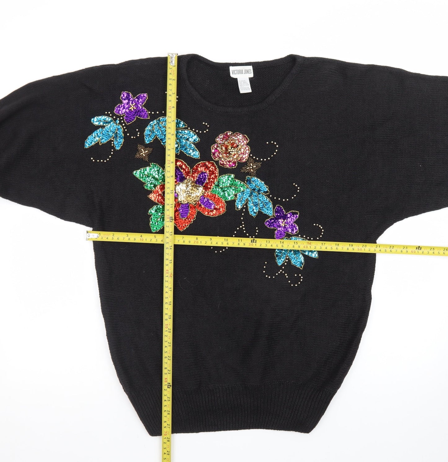 Victoria Jones Womens Black L Sequin Floral Knit Vintage Jumper