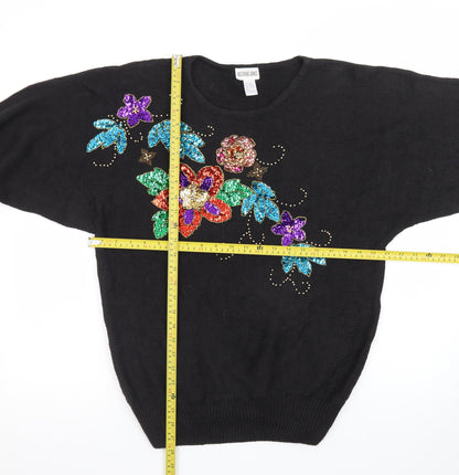 Victoria Jones Womens Black L Sequin Floral Knit Vintage Jumper